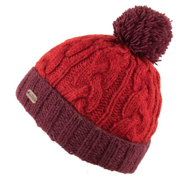 Dark Red Bobble Hat Cable Turn Up