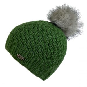 Bobble Hat Moss Yarn with Sliver Black Fake Fur Pom Green
