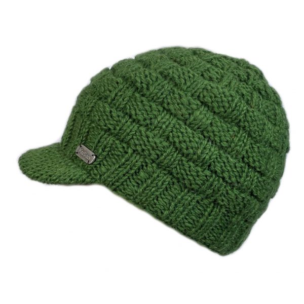 Green Brooklyn Beanie with Peak Cable Basket