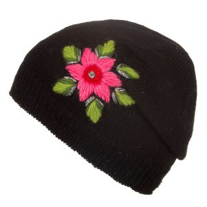 Black Slouch Beret Flower Fine Gauge Hat