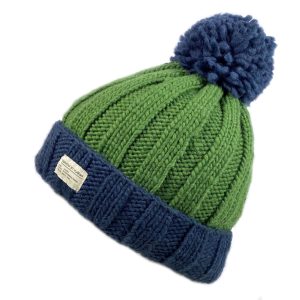 Bobble Hat Moss Yarn with Turn Up Navy Green