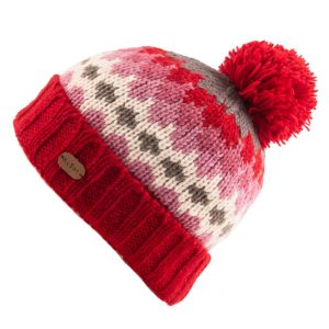 Bobble Hat Turn Up Red Grey