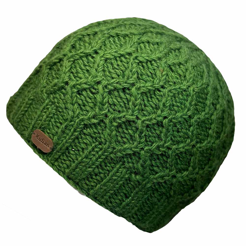 Handknitted woolen beanie cap with cable green colour warm