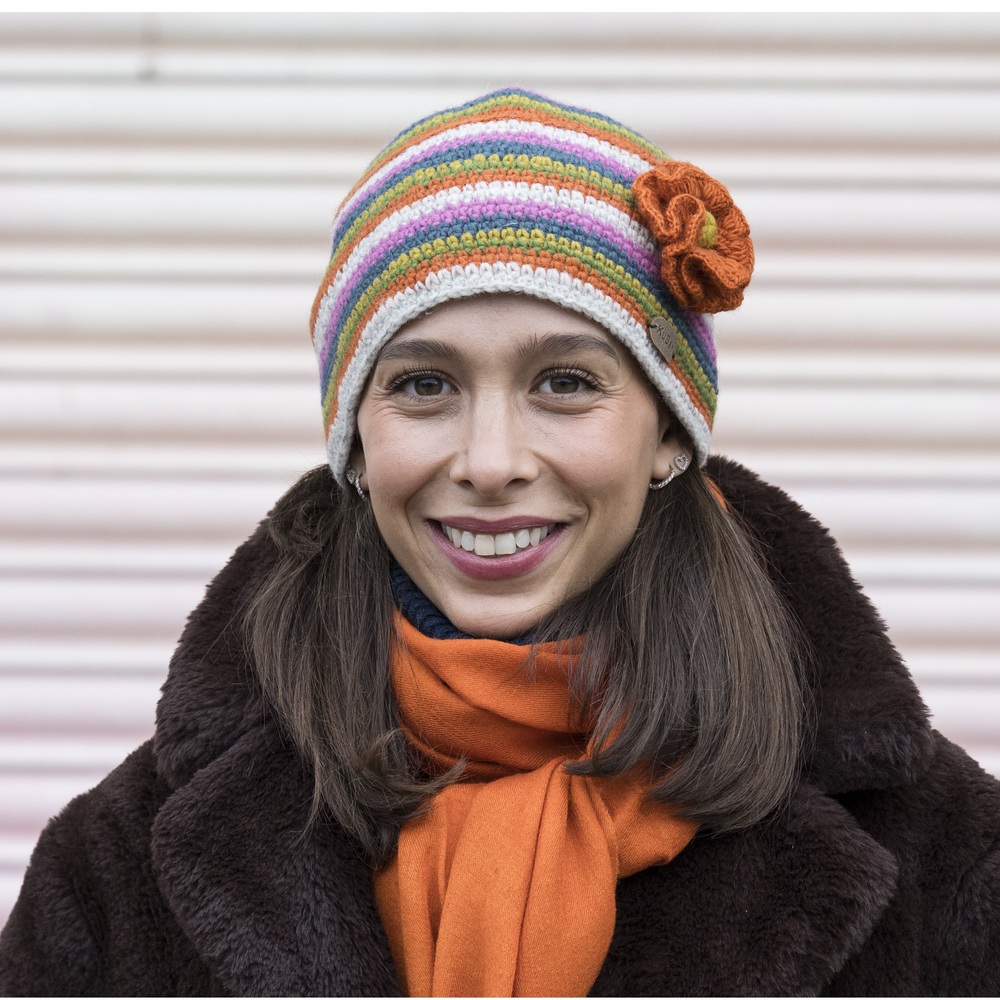 Crochet Beanie with Flower Pink Orange PK2620 - Image 2